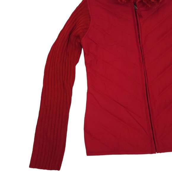 Creazioni Effeci Zip Quilted Sweater Jacket Womens M Red Faux Fur Collar NEW - Picture 12 of 16
